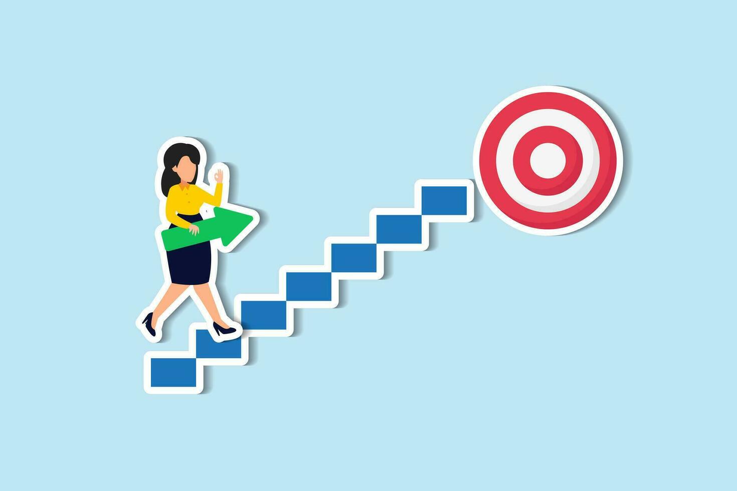 Business progress or career path, step to reach target or business goal, success step or motivation for improvement concept, confidence businesswoman carrying arrow walk up stair to reach target. vector