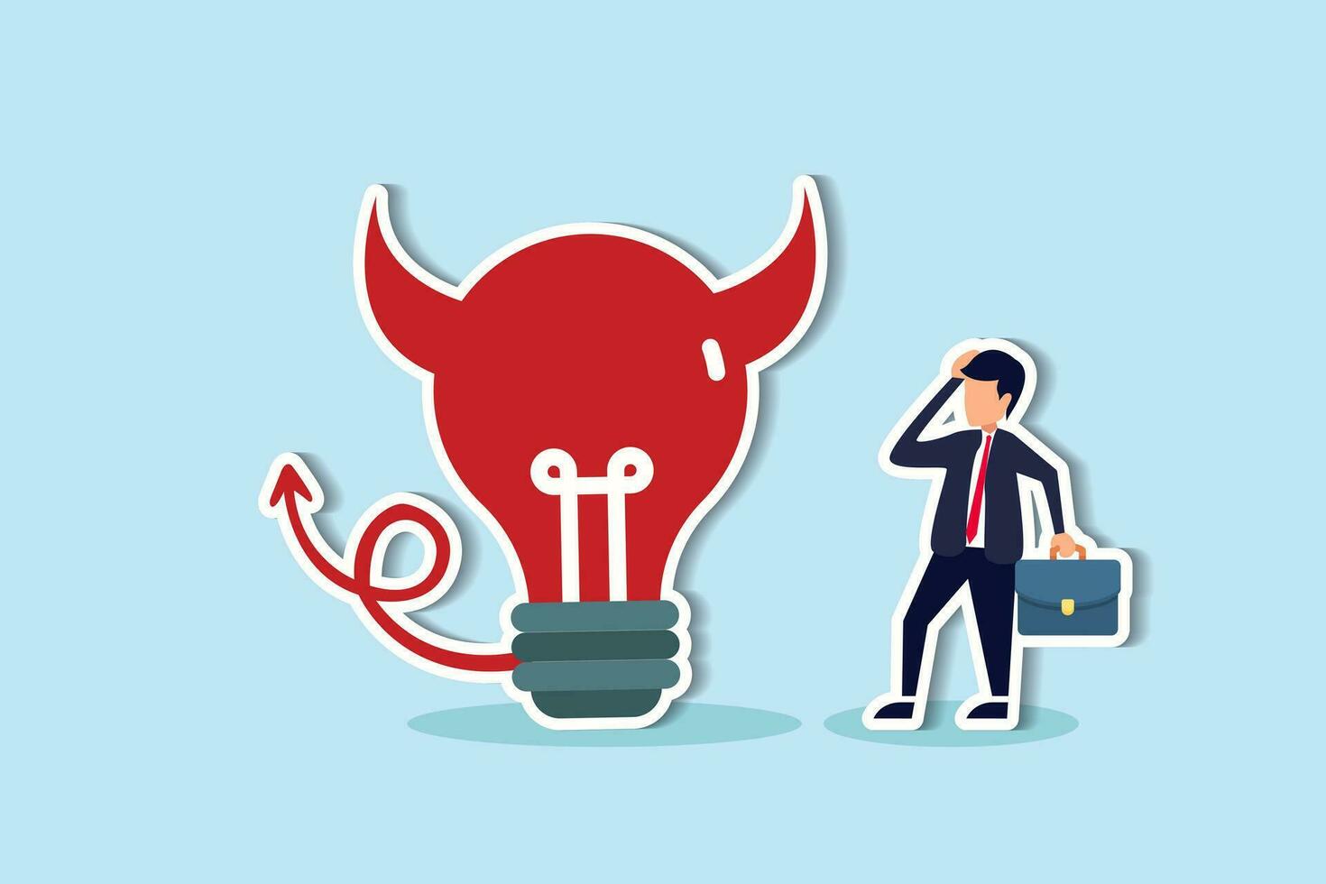 Bad idea cause problem and failure, stupid mistake or poor idea, disappointment from rejected, evil and negative opinion concept, confused businessman looking at devil lightbulb doubting it bad idea. vector
