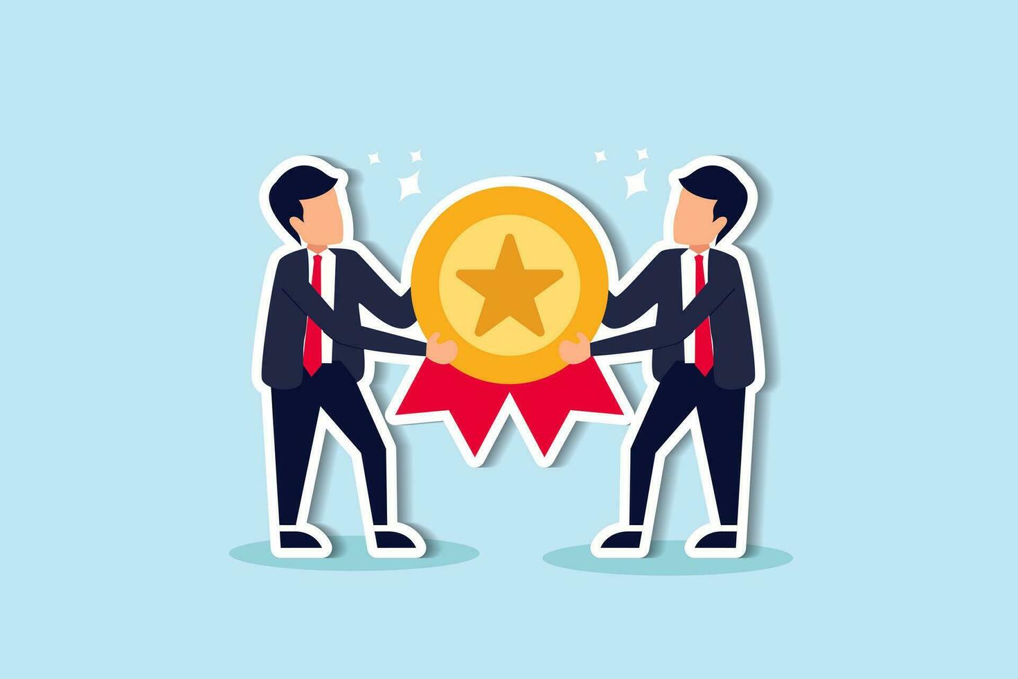 Employee award recognition, success achievement reward or top star performer of the month, best sales champion or certificate concept, businessman boss giving golden star badge to winning employee. vector