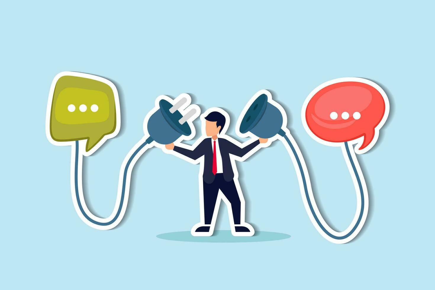 Communicate to solve problem, discussion or meeting to get new idea, collaboration or cooperate to success, connect idea for solution concept, businessman connect plug between conversation dialog. vector