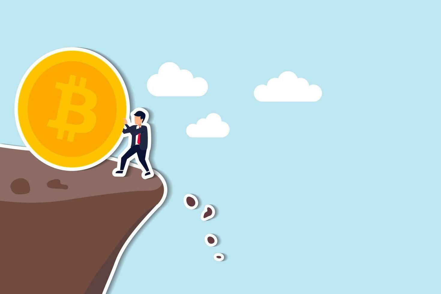 Pushing Bitcoin prevent from price falling down, cryptocurrency risk, fluctuation or volatility, crypto crisis or panic sales concept, businessman investor push Bitcoin from falling down the cliff. vector