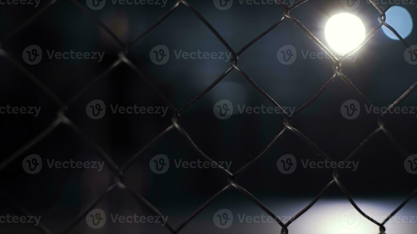 Close up of chain link fence on dark blurred background with shining lamp. Video. Metal lattice inside the building, grunge style. photo