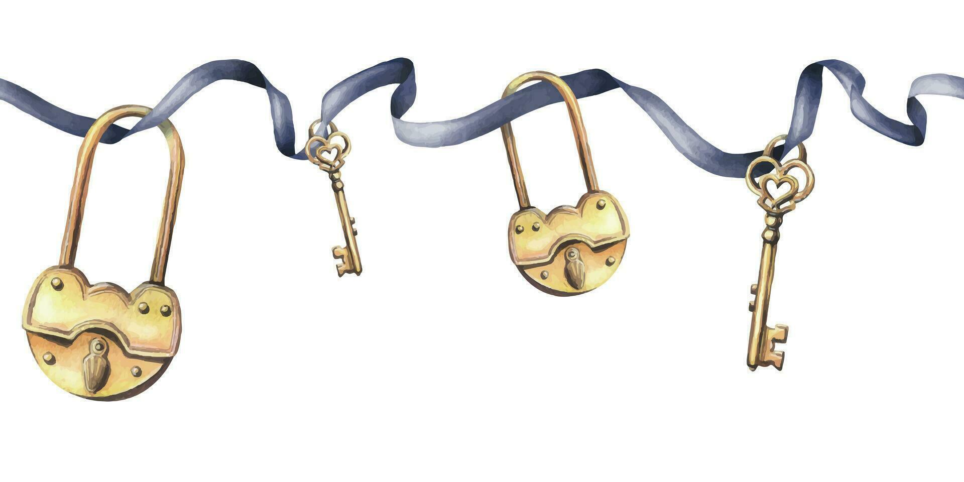 Golden keys and locks suspended on a dark blue ribbon. Hand drawn watercolor illustration. Seamless border isolated from the background Vector EPS