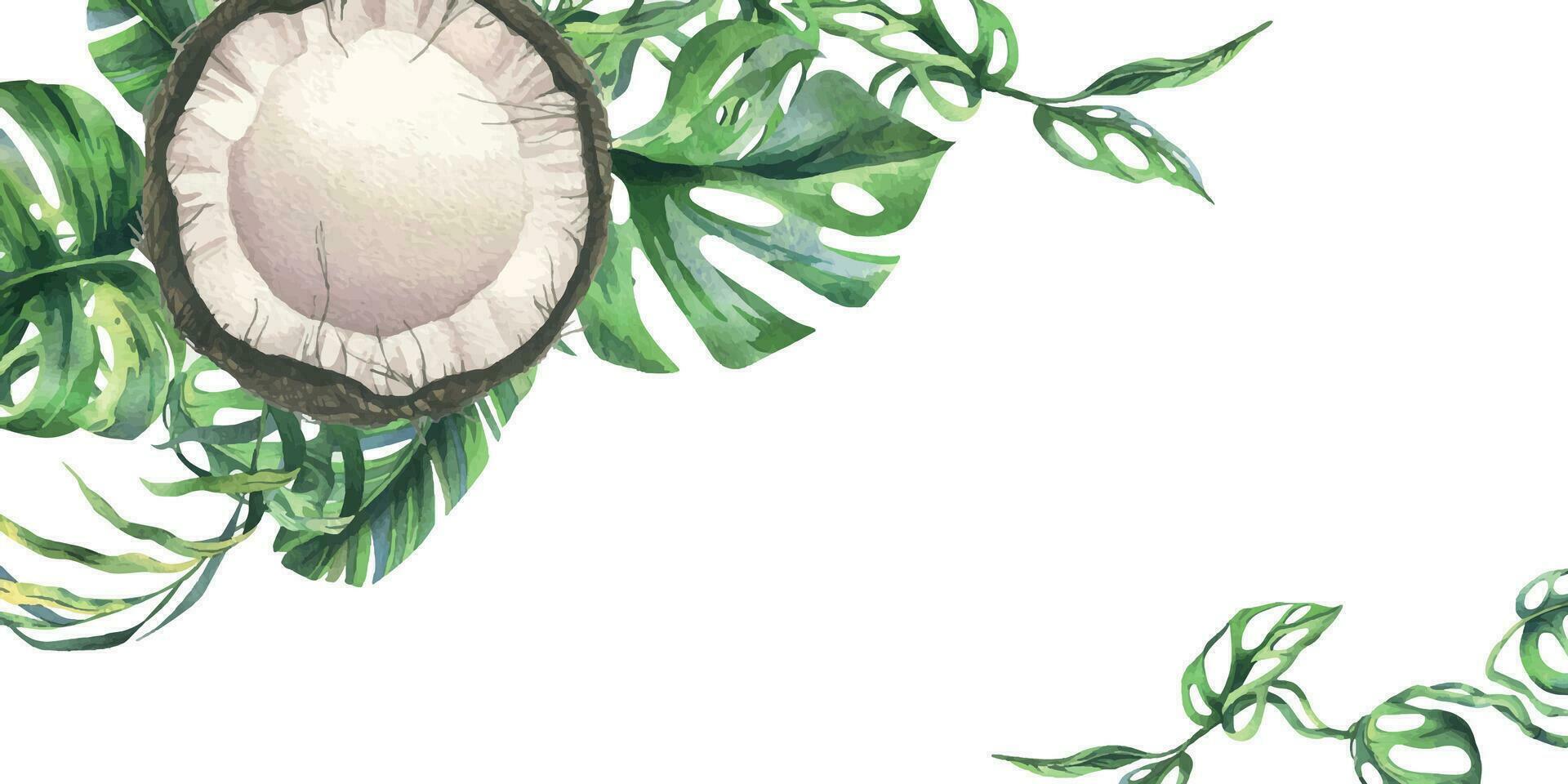 cocos entero, mitades y piezas con brillante, verde, tropical palma hojas. mano dibujado acuarela ilustración. marco, plantilla, blanco aislado desde el antecedentes. vector