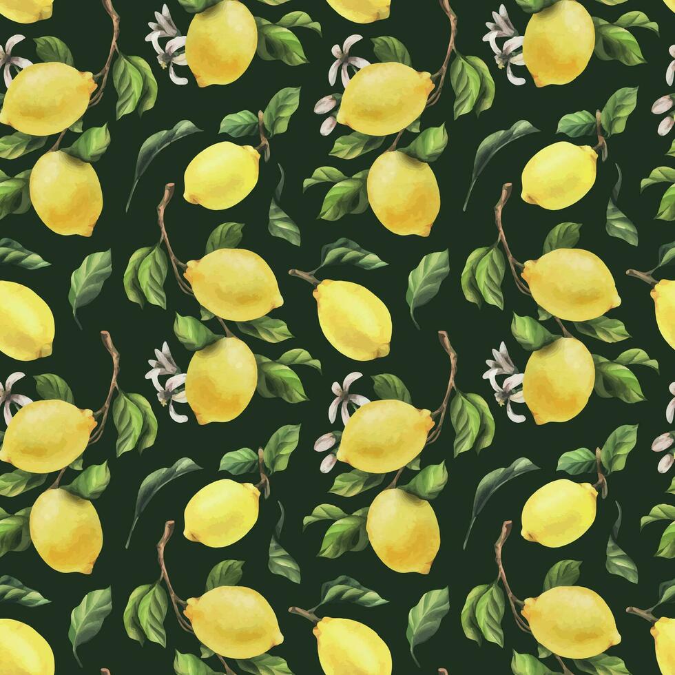 Lemons are yellow, juicy, ripe with green leaves, flower buds on the branches, whole and slices. Watercolor, hand drawn botanical illustration. Seamless pattern on a green background. vector EPS