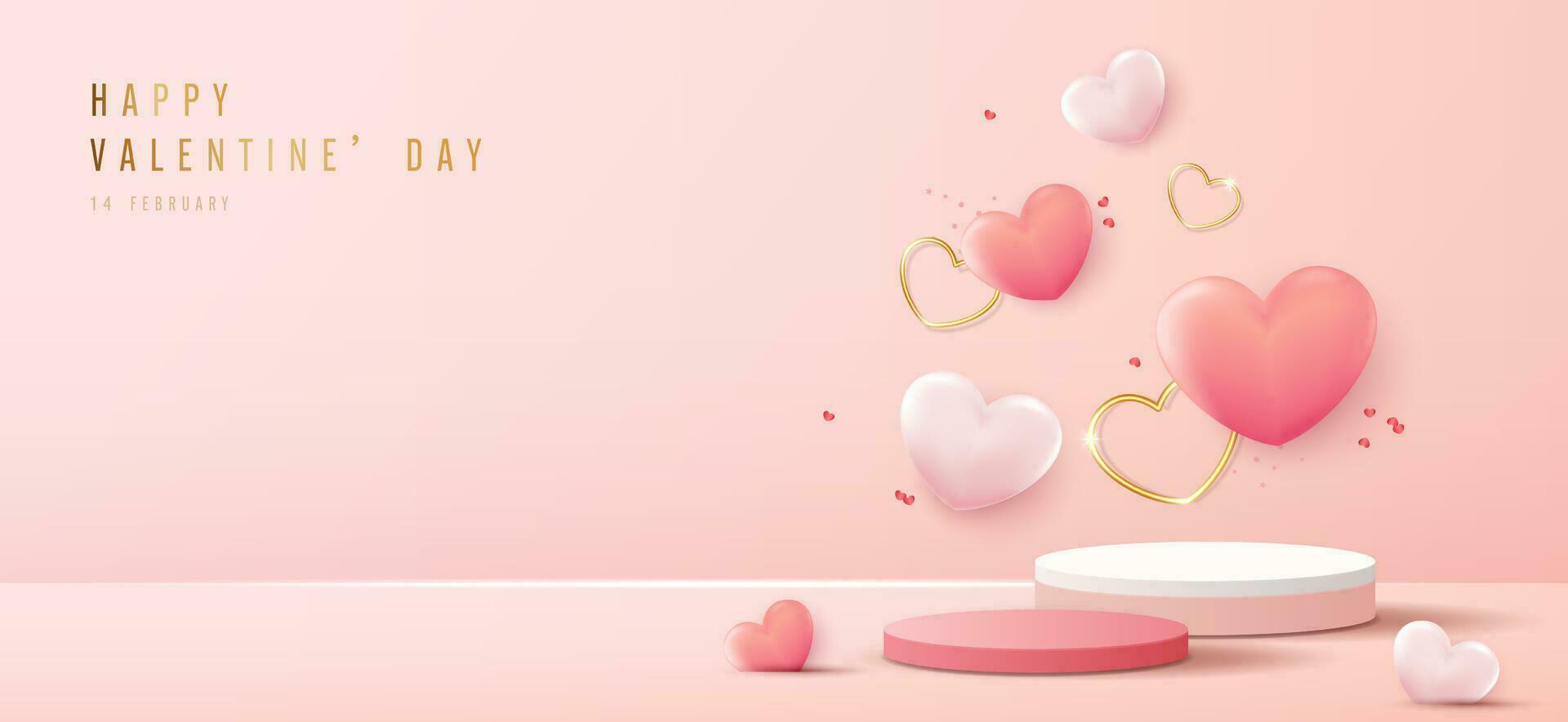 Happy valentines day and stage podium decorated with heart shape. pedestal scene with for product, cosmetic, advertising, show, award ceremony, on pink background and light. vector design.