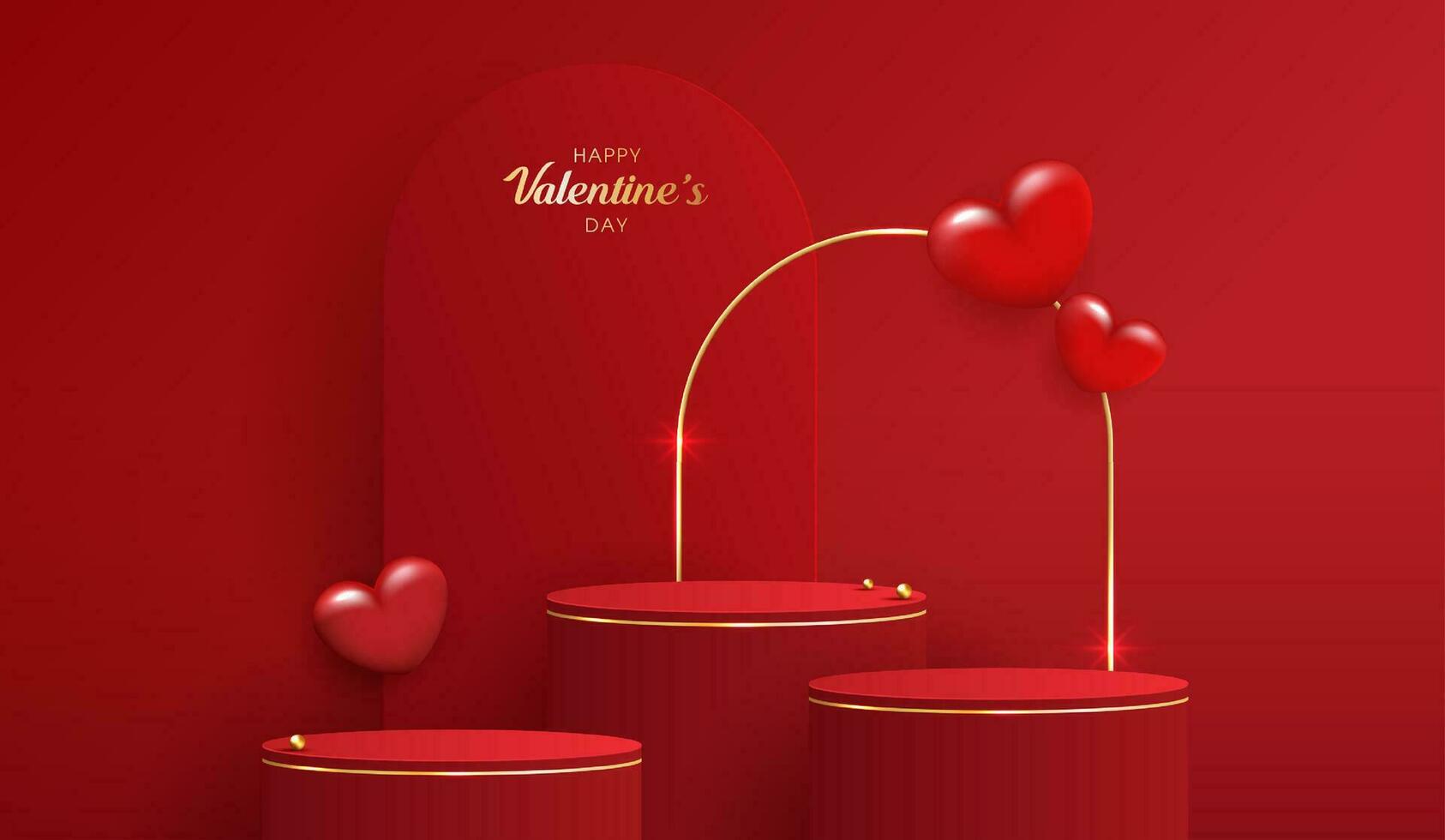 contento san valentin día y etapa podio decorado con corazón forma. pedestal escena con para producto, cosmético, publicidad, espectáculo, premio ceremonia, en rojo antecedentes y ligero. vector diseño.