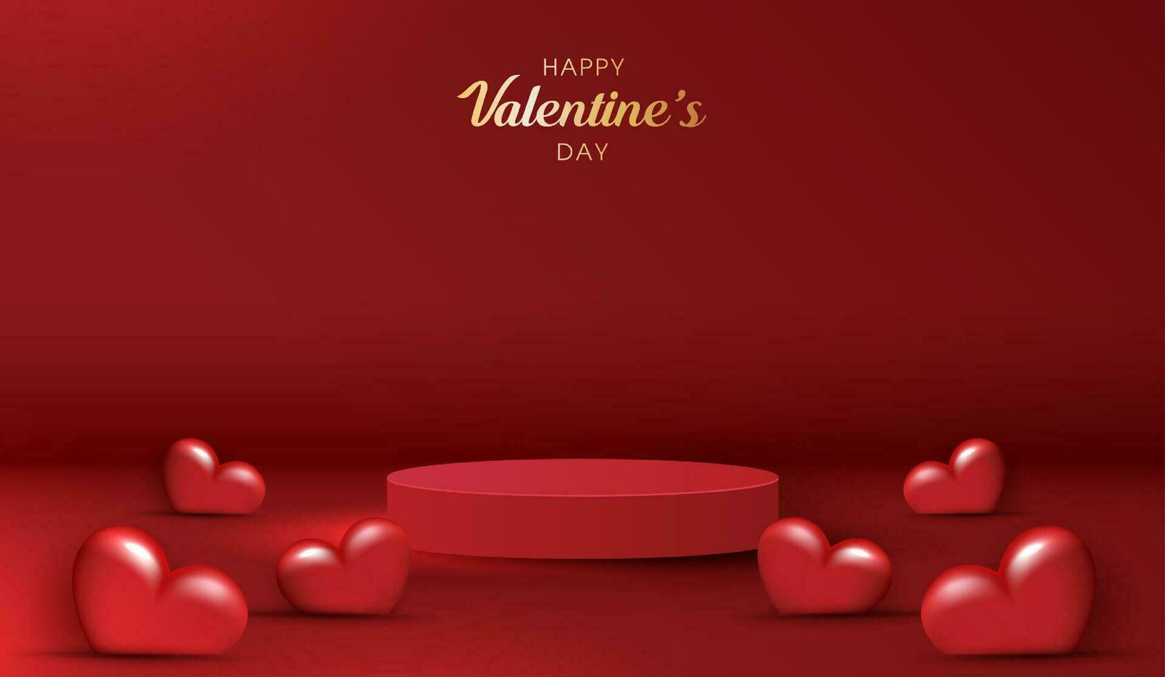 contento san valentin día y etapa podio decorado con corazón forma. pedestal escena con para producto, cosmético, publicidad, espectáculo, premio ceremonia, en rojo antecedentes y ligero. vector diseño.