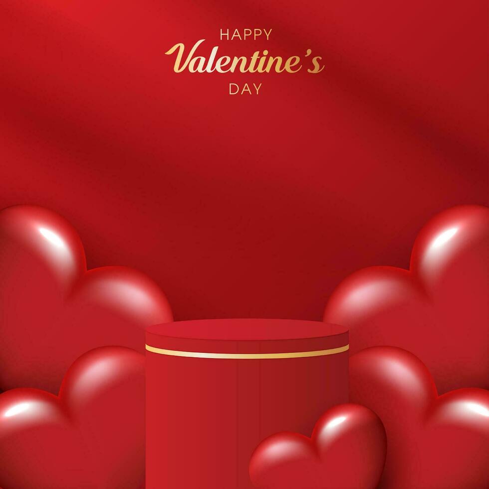 contento san valentin día y etapa podio decorado con corazón forma. pedestal escena con para producto, cosmético, publicidad, espectáculo, premio ceremonia, en rojo antecedentes y ligero. vector diseño.