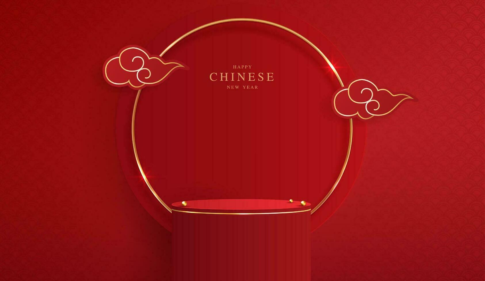 Podium stage chinese style for chinese new year and festivals or mid autumn festival with red background. mock up stage with festive lanterns and clouds. vector design.