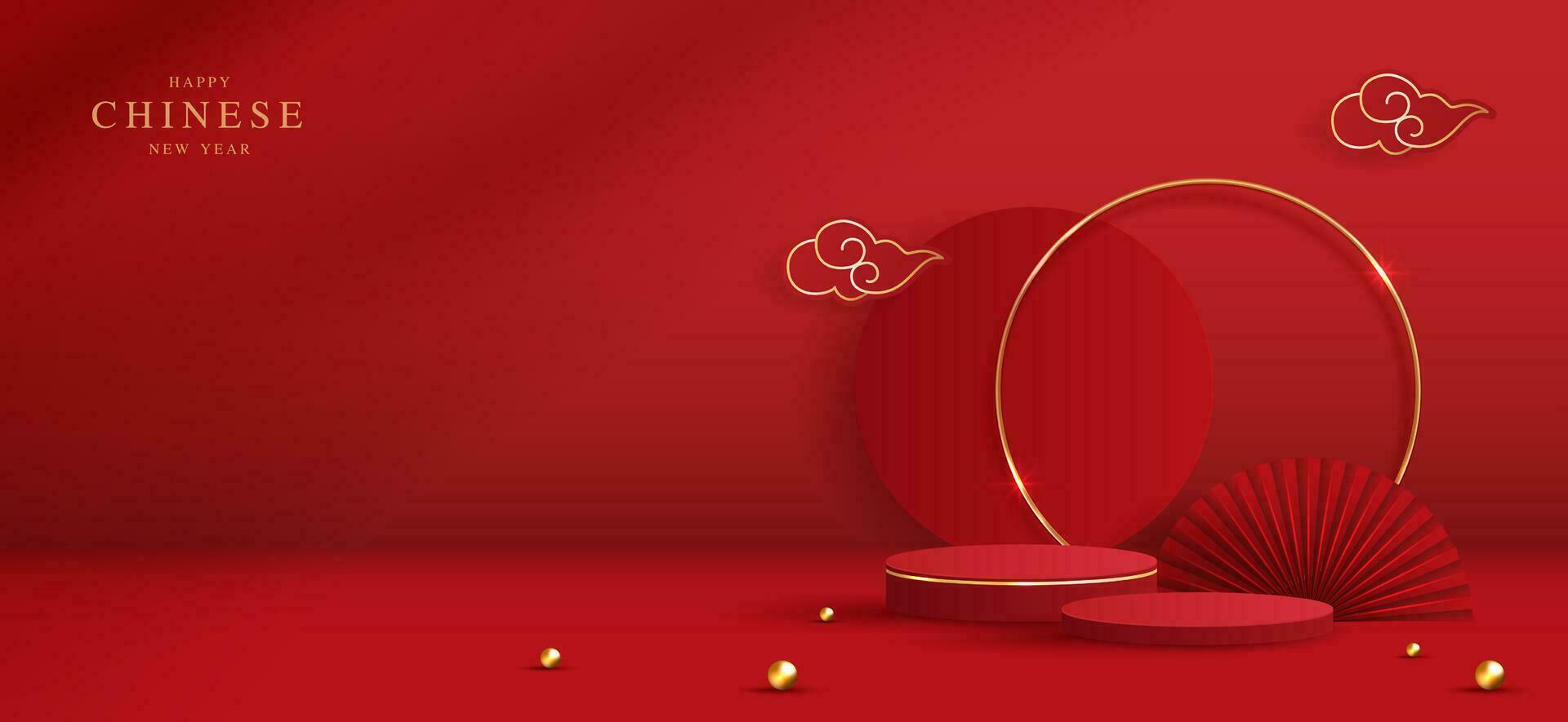escenario de podio estilo chino para el año nuevo chino y festivales o festival de mediados de otoño con fondo rojo. escenario simulado con linternas festivas y nubes. diseño vectorial vector