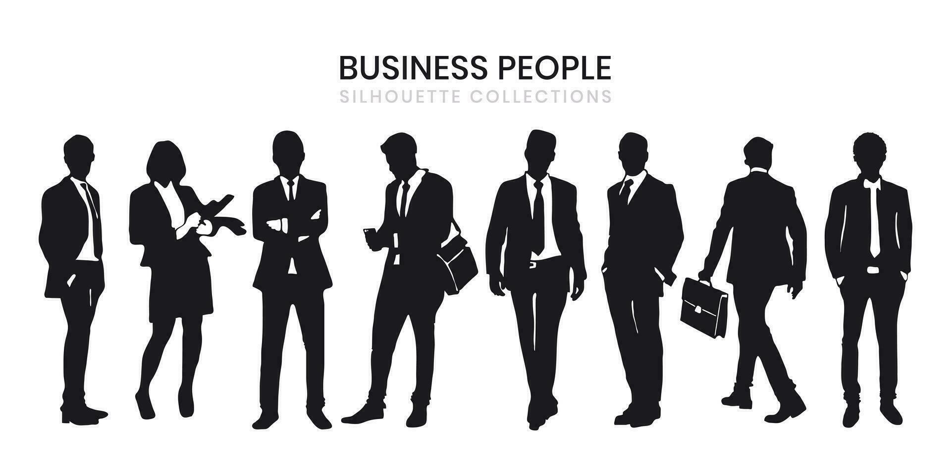 Silhouette of businesspeople, both men and women, in various poses. Silhouette business collection. vector