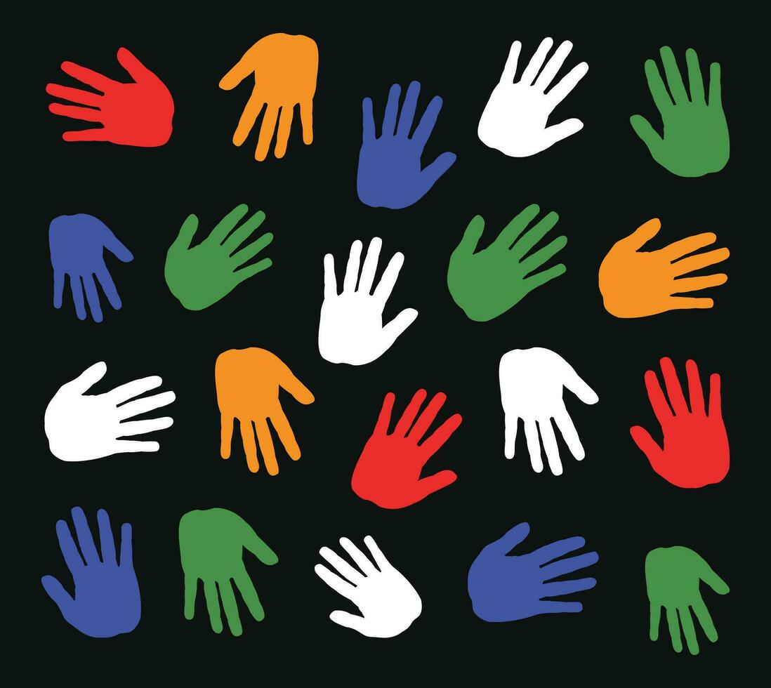 ilustración antecedentes de manos en rojo, azul, negro, verde, amarillo, y naranja colores en un negro antecedentes vector