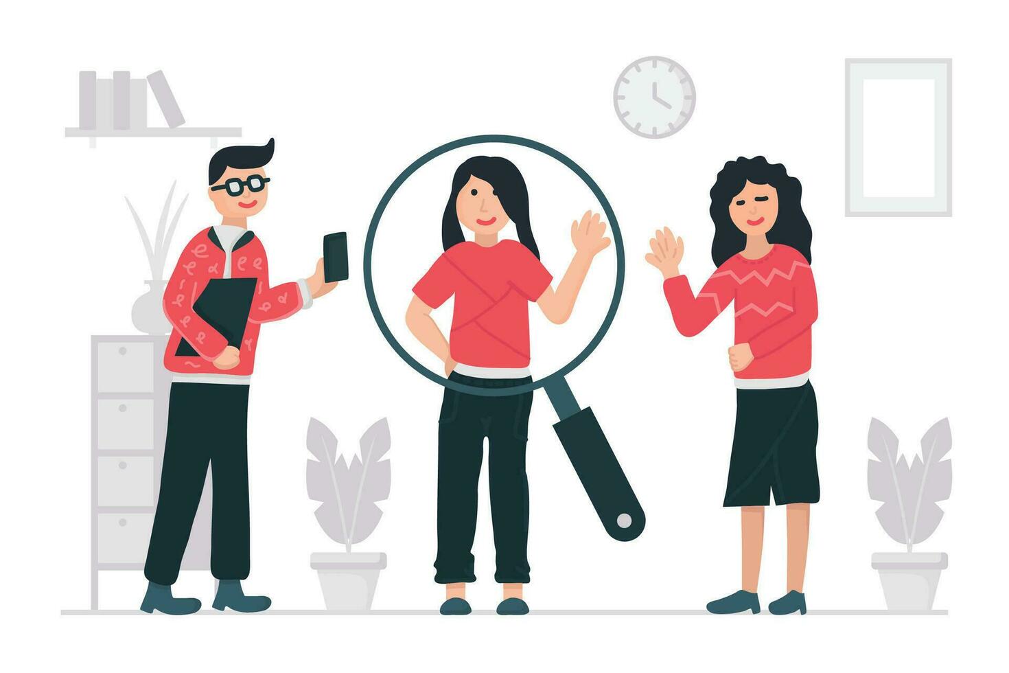 ilustración de un hombre sostener un teléfono inteligente y dos mujer, representando investigación y gente de negocios concepto. vector