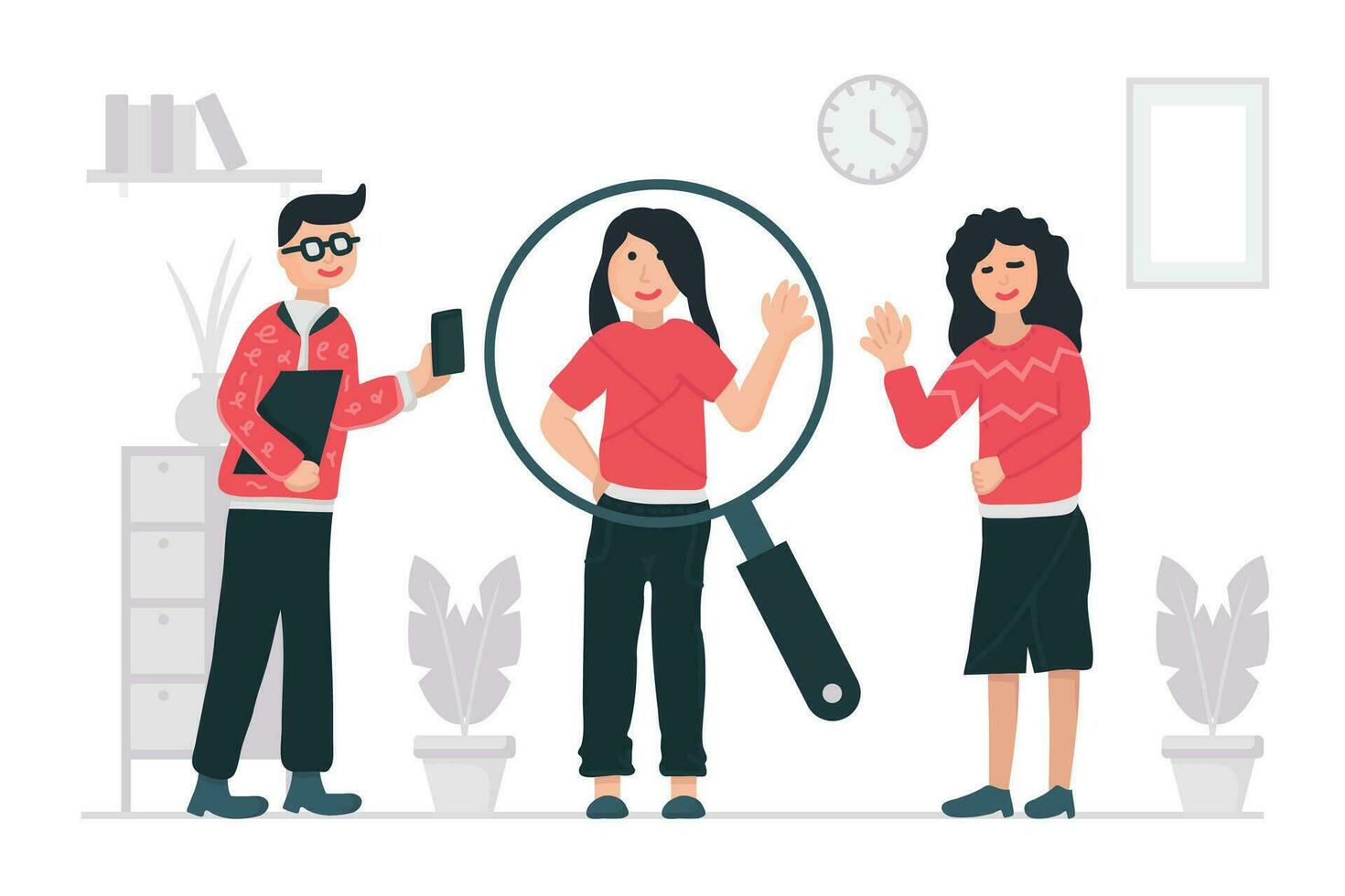Illustration of a man hold a smartphone and two women, representing research and businesspeople concept. vector