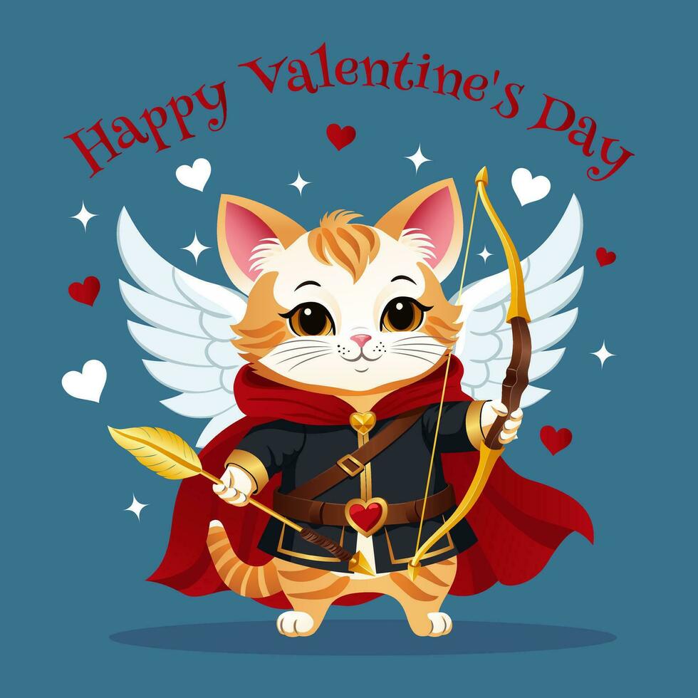 Valentines day greeting background. Postcard with a cute cat in a red raincoat with a bow and arrow. Gaming anime character. Vector illustration.