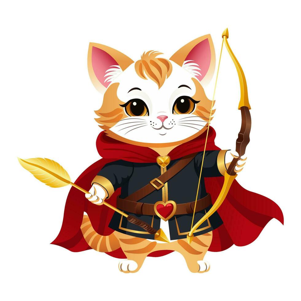 Cartoon cat cupid with a golden bow and arrow. Cat Archer is a cute character in a red cape, rich clothes with a belt and a heart buckle. Vector illustration.