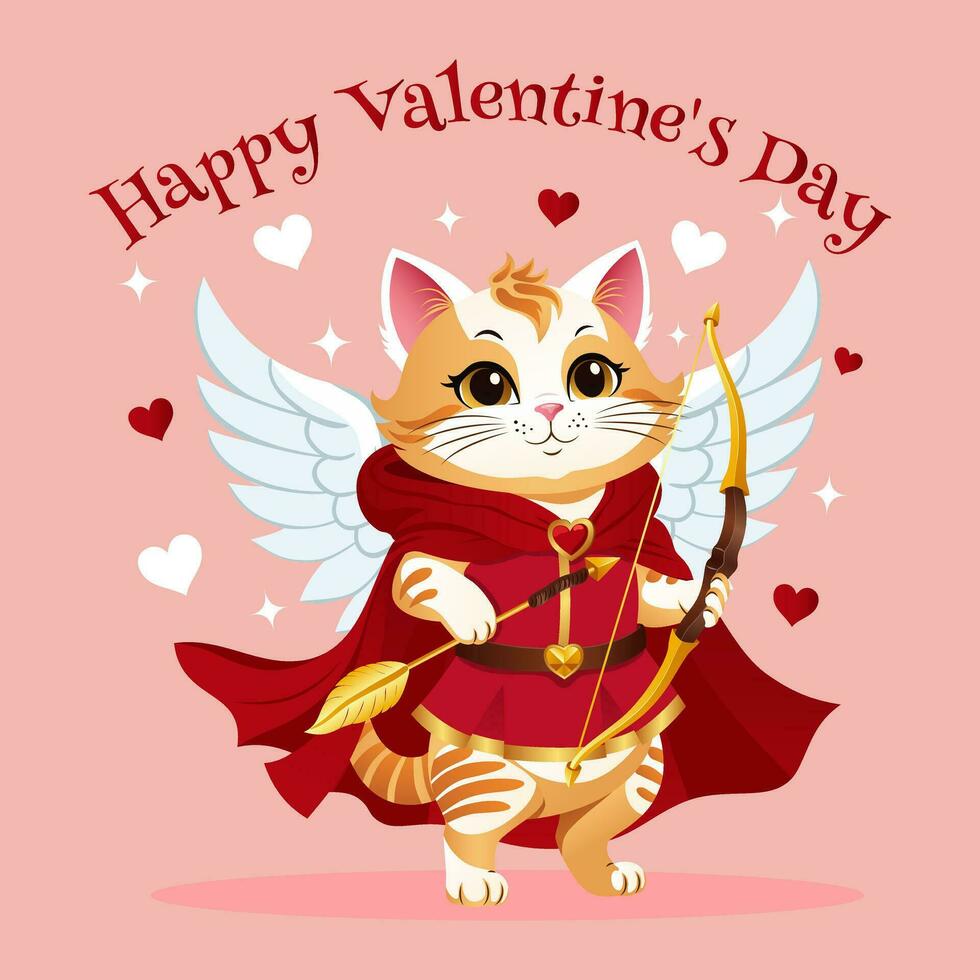 san valentin día tarjeta con linda gato Cupido. juego de azar anime personaje. un gato en un rojo capa con un arco y un flecha. vector ilustración.