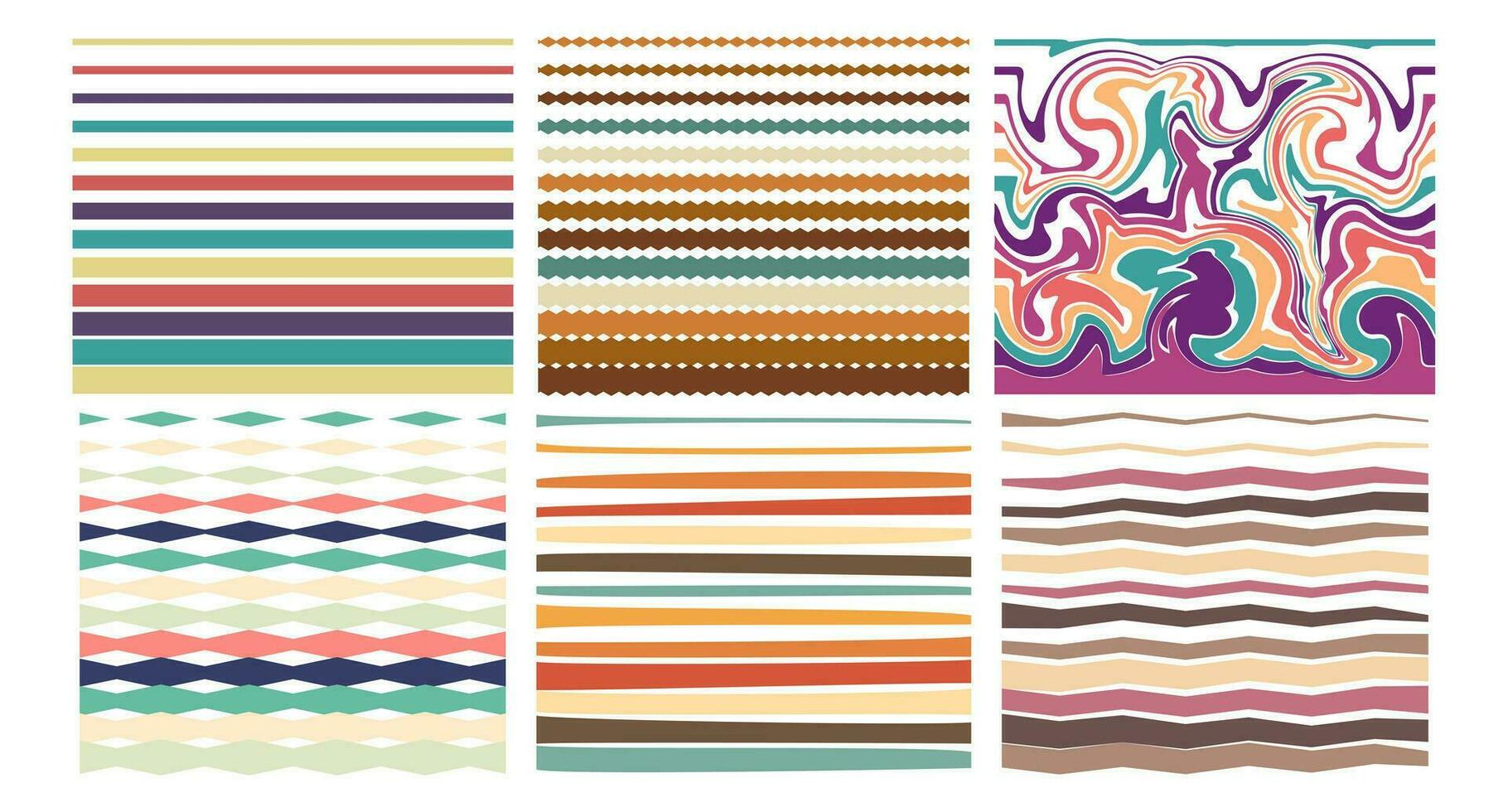 Horizontal groovy striped background in 70s 80s style. Psychedelic abstract background. Set of abstract retro patterns in hippie style. Vector illustration.