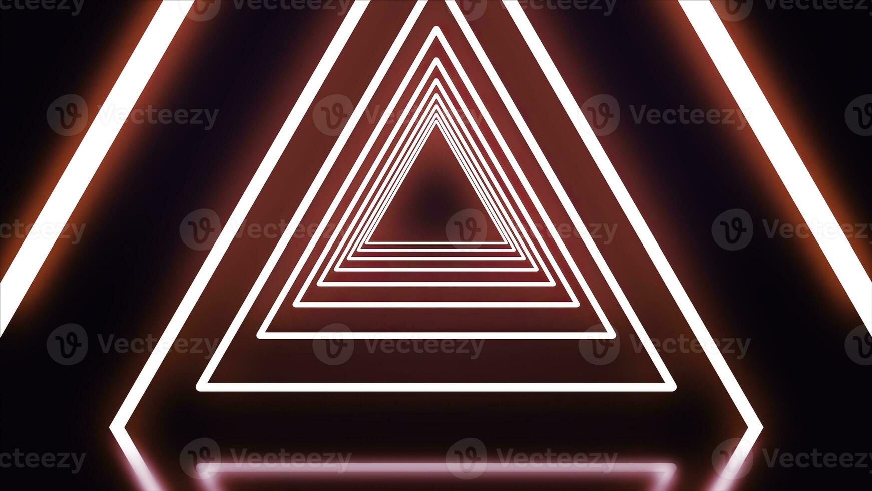 A tunnel of green neon triangles on black background. Abstract neon triangles fly away one by one forming tunnel. photo