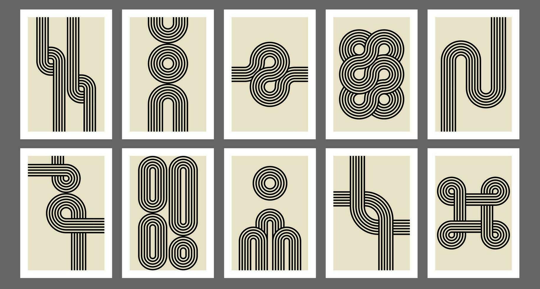 Retro 70s geometric posters. Vintage line arcs and knots print. Groovy striped design poster, abstract 1970s minimalist boho covers vector set