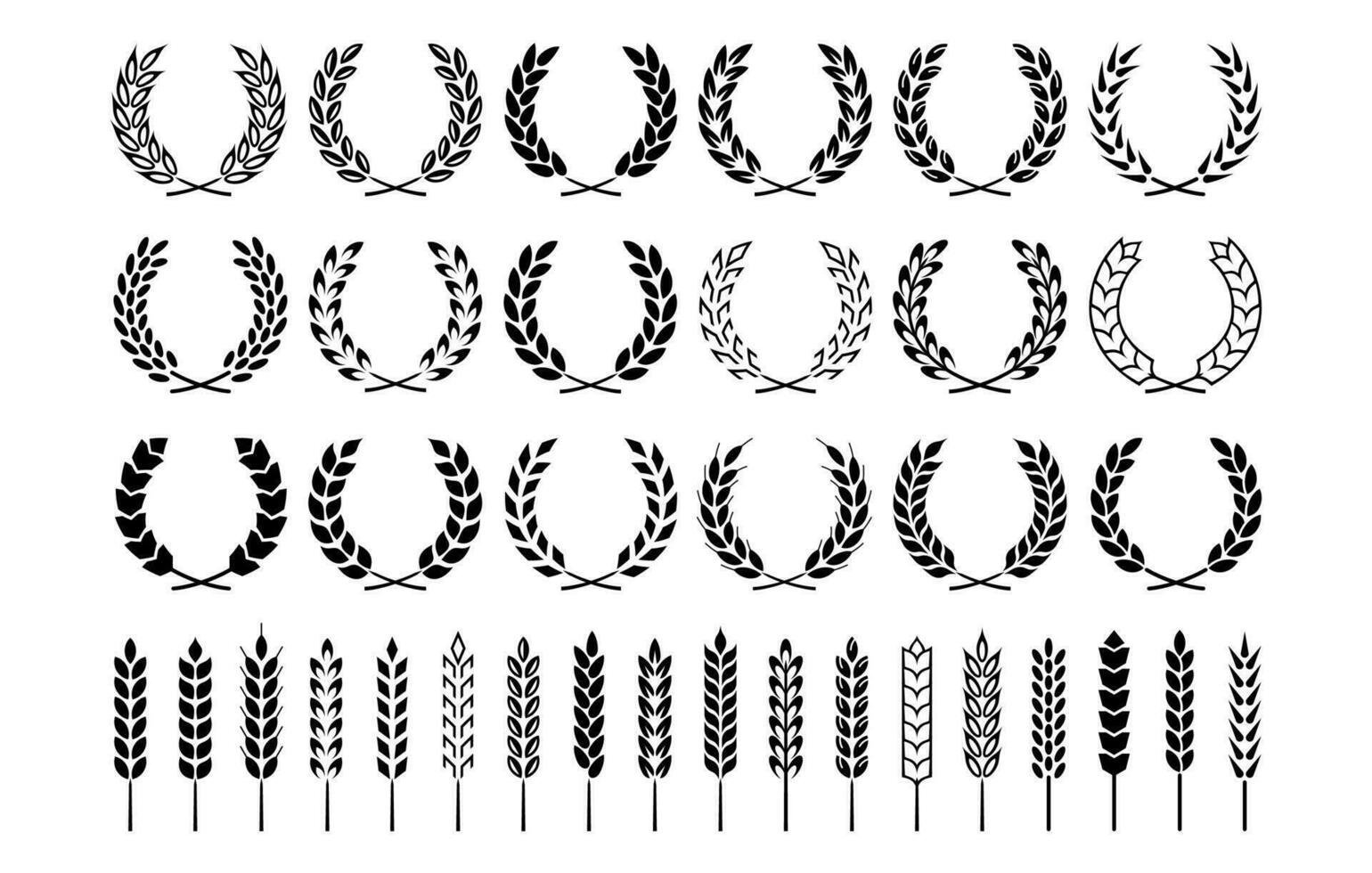 Wheat and barley ears. Harvest wheat bread grain icons, ripe growth rice and oats stalk, rye grains ear silhouettes isolated cereals product vector set