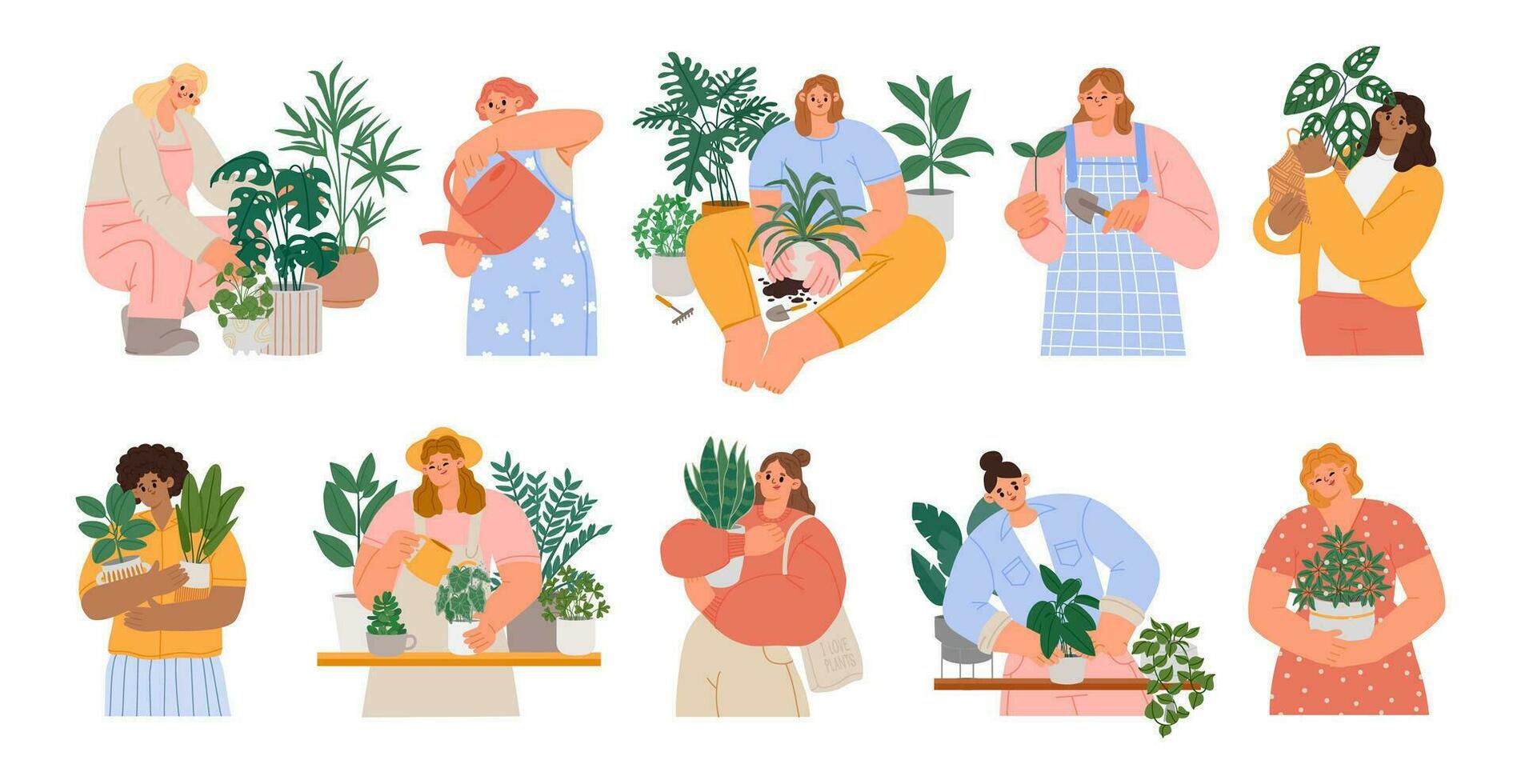 muchachas toma cuidado plantas de interior joven mujer riego interior interior verde plantas en maceta. dama creciente hogar en conserva flores en ollas. vector conjunto