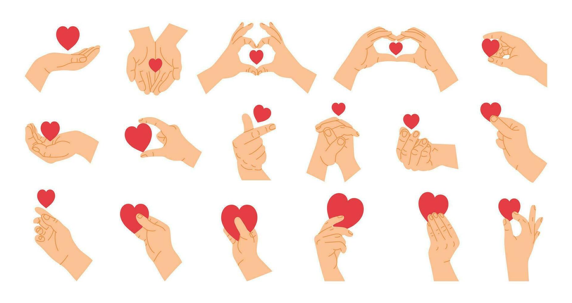 Cartoon hands with heart. Red heart in expression hands, gesture poses showing and holding love shape. Romance design concept with palm and fingers for Valentines Day vector set