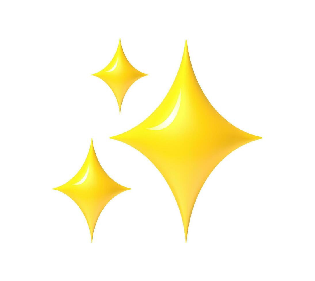 Shining stars emoji. Sparkles golden 3d style star icon, twinkle social media platform symbol. Yellow cartoon glittering abstract element vector set