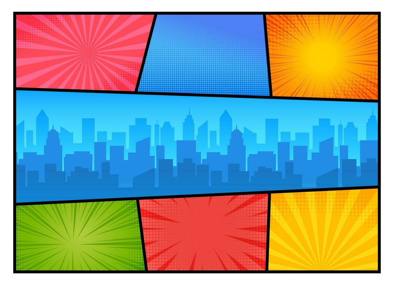 Landscape comic city. Comic book page with town. Urban background with skyscrapers silhouette. Cartoon hero poster with cityscape buildings. Vector illustration