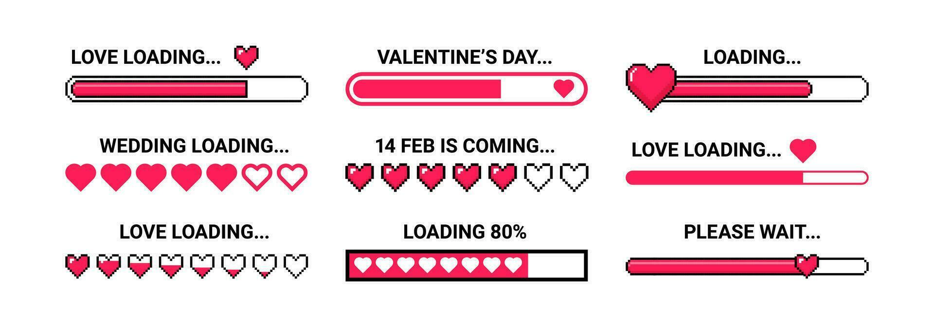 Love loading. Romantic loader with heart icons, happy wedding, valentines day and love concept stickers. Retro 8, 16-bit game pixel art vector set