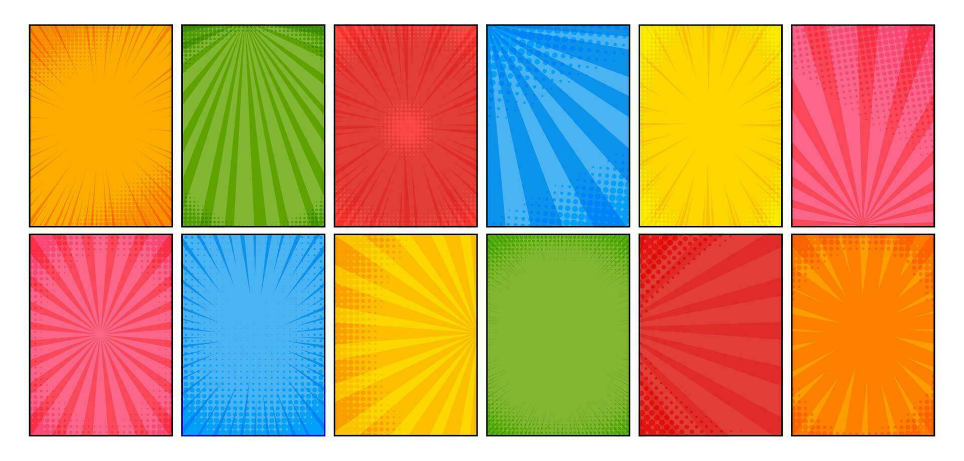 Comic book background. Pop art style texture with halftone dots and sunshine rays. Vintage cartoon magazine pattern. Superhero frame, spots and stripes elements. Vector set