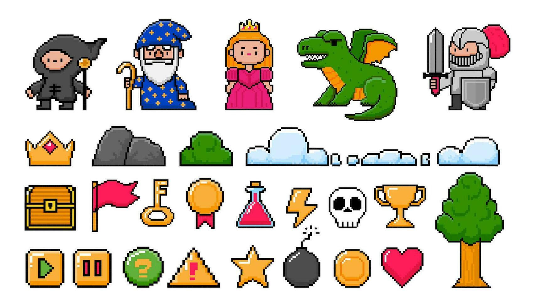 Pixel bit game element. Retro 8bit video game, arcade character, old computer interface button, digital princess and dragon, console pixels elements. Vector set
