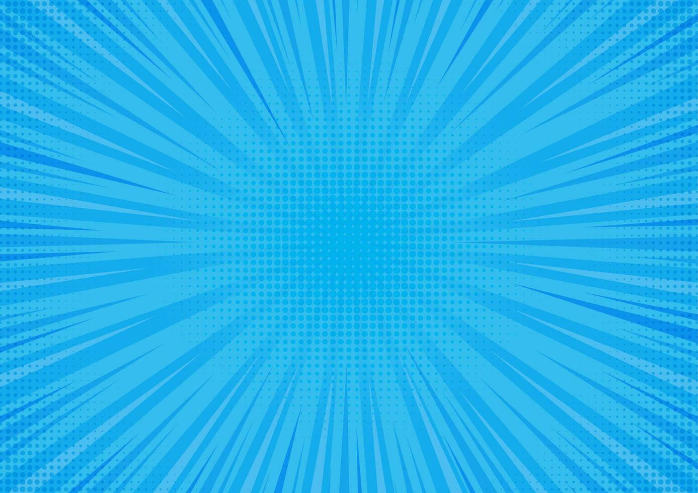 Comic background. Cartoon pop art abstract texture. Blue banner with speed ray lines and halftone dots. Radial wallpaper with rays, explosion for comic books. Vector concept