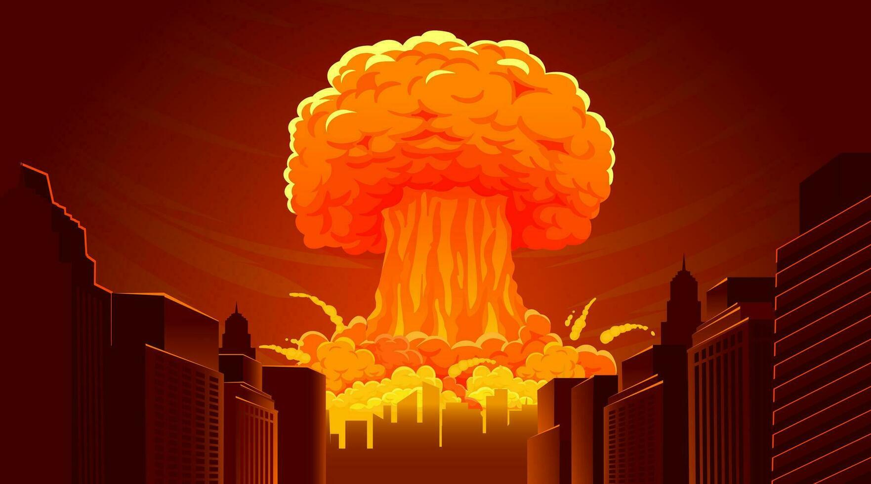Nuclear explosion bomb. Radioactive apocalypse cloud mushroom in city. Cartoon atomic nuke blast, fiery burning catastrophe, destruction town. Vector illustration