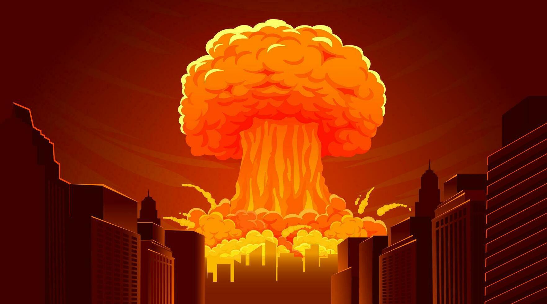 nuclear explosión bomba. radioactivo apocalipsis nube seta en ciudad. dibujos animados atómico Nuke explosión, ardiente ardiente catástrofe, destrucción ciudad. vector ilustración