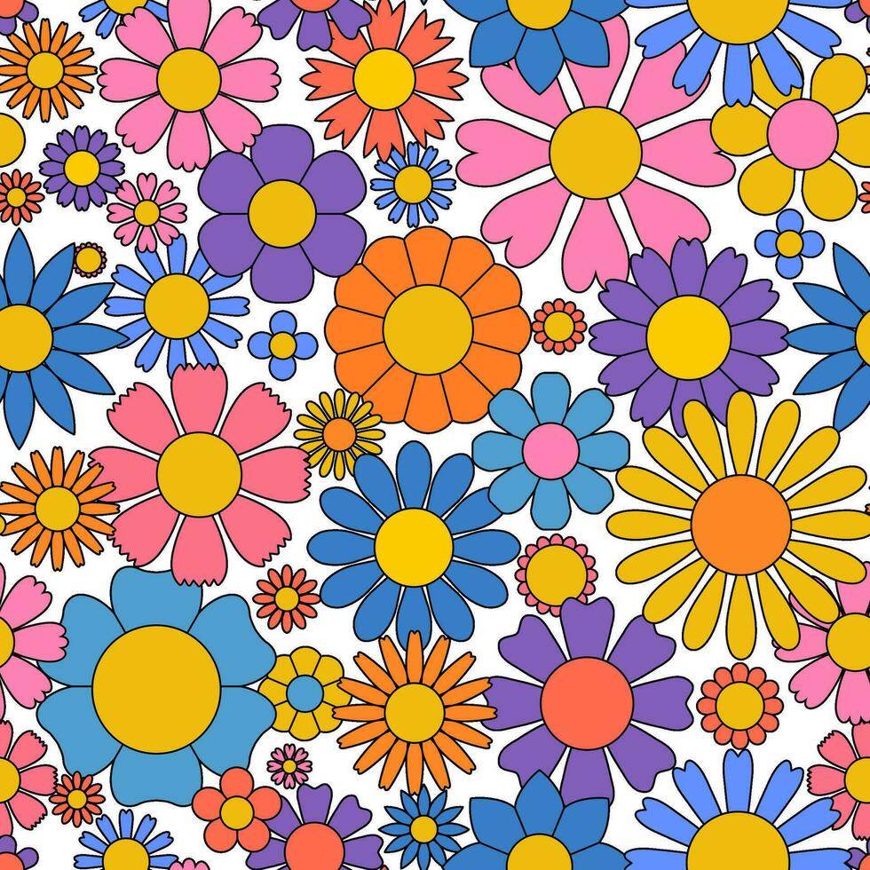 Groovy flower background. Retro hippy 70s seamless pattern. Simple funky 60s floral summer print, color pop vintage spring daisy repeat texture. Pretty flowers vector illustration