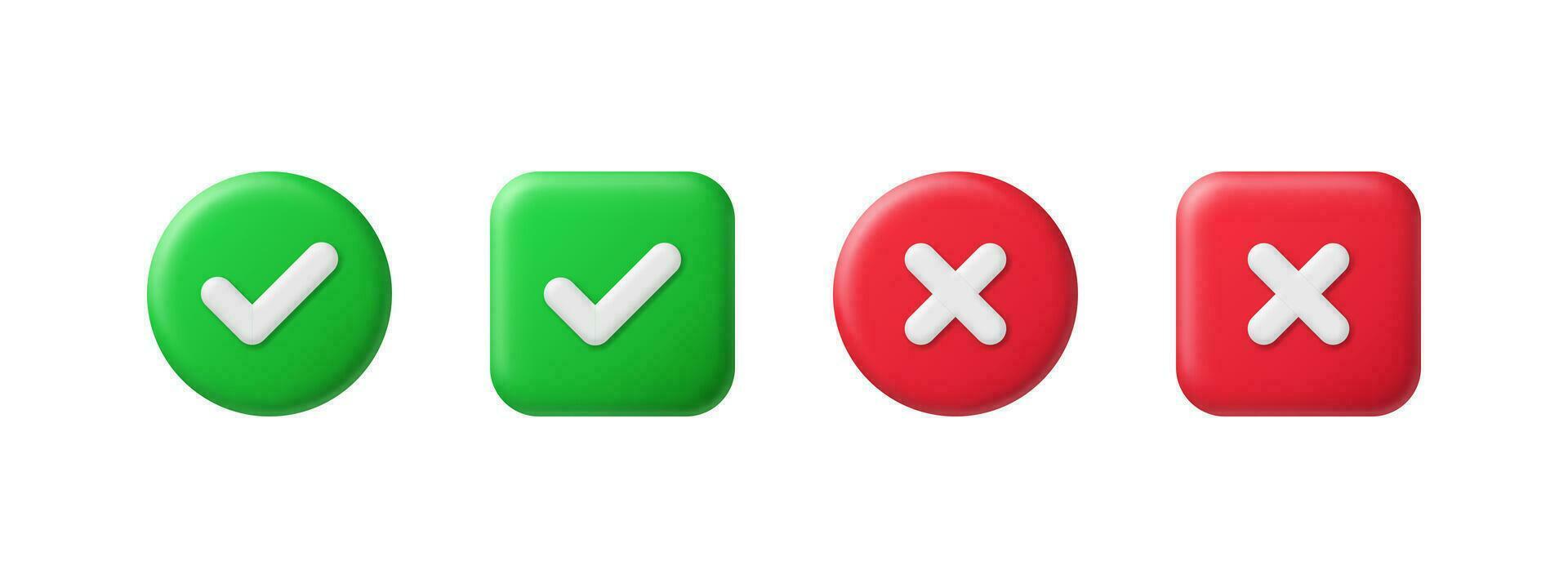 Right and wrong 3D buttons. Tick cross, red and green glossy round and square checklist icons. Check mark acceptance, X rejection button. 3d realistic vector set