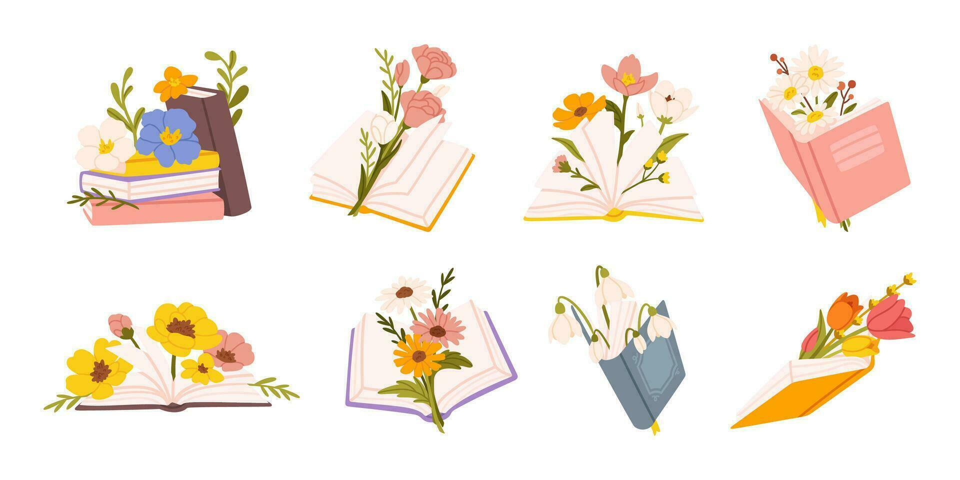 Books and flowers. Wildflowers bouquet for good romantic literature poetry, romance novels. Tulips and roses snowdrops and daisies cornflowers decorate open book. Vector set