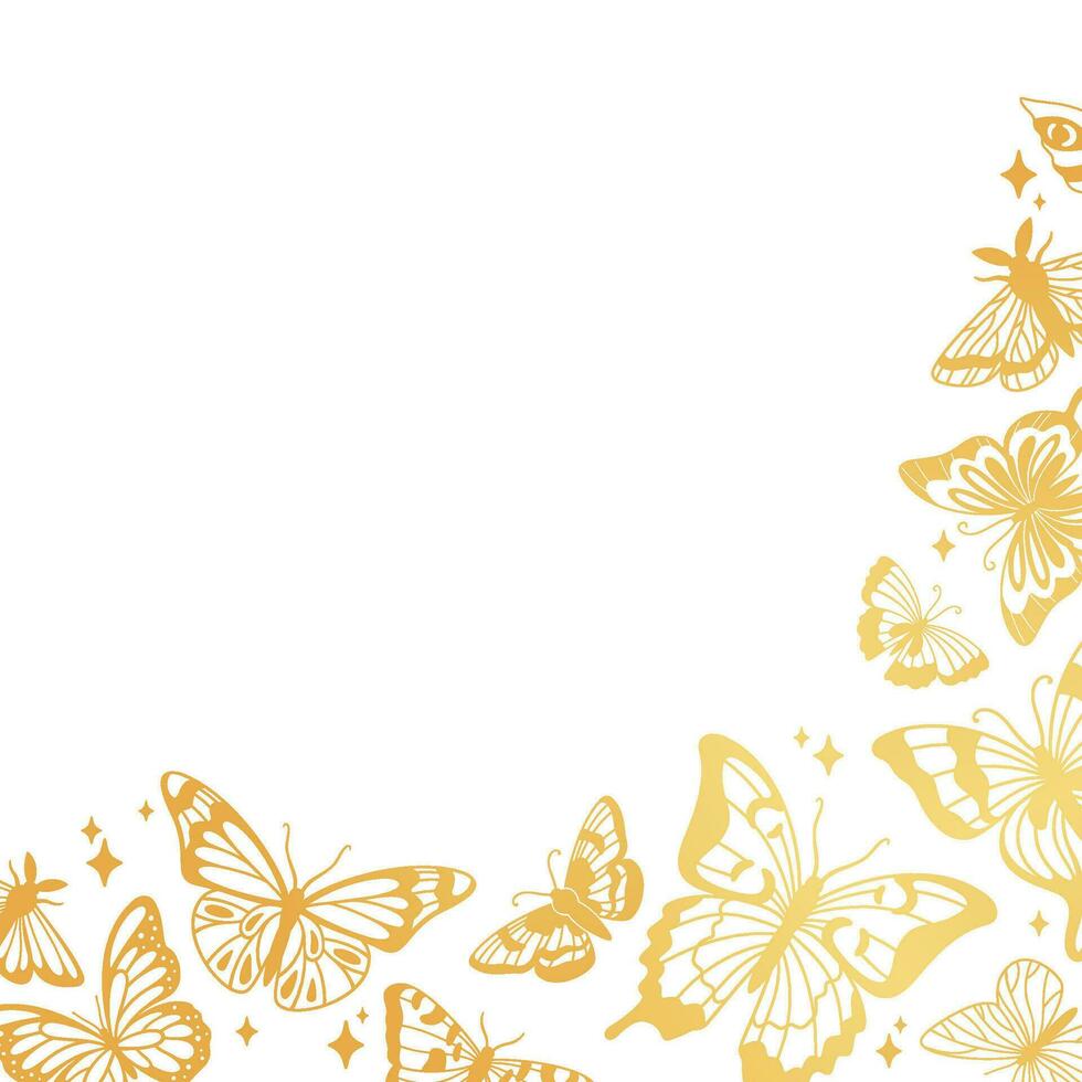 Golden butterflies. Gold butterfly in flight on white background. Exotic butterflies flock frame for wedding invitation, greeting card. Moth silhouettes vector background