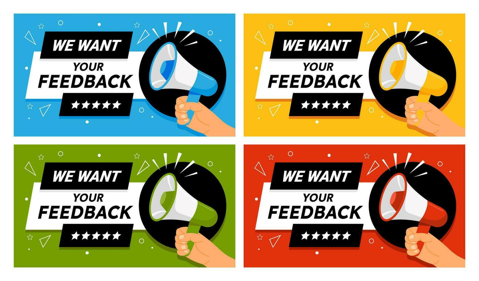 We want your feedback. Banner with hand holding megaphone. Marketing advertisement speech signs. Customers leaving their feedbacks. Vector template