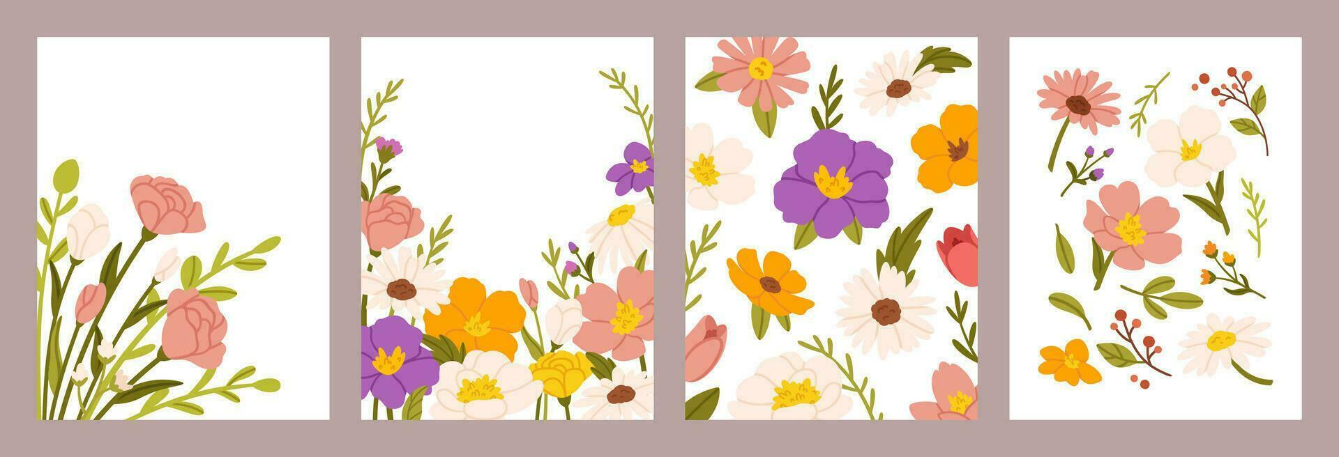 Spring flowers poster. Wildflowers floral valentines day cards. Women and Mothers day abstracts design. Wedding template banners with blooming flower. Vector set