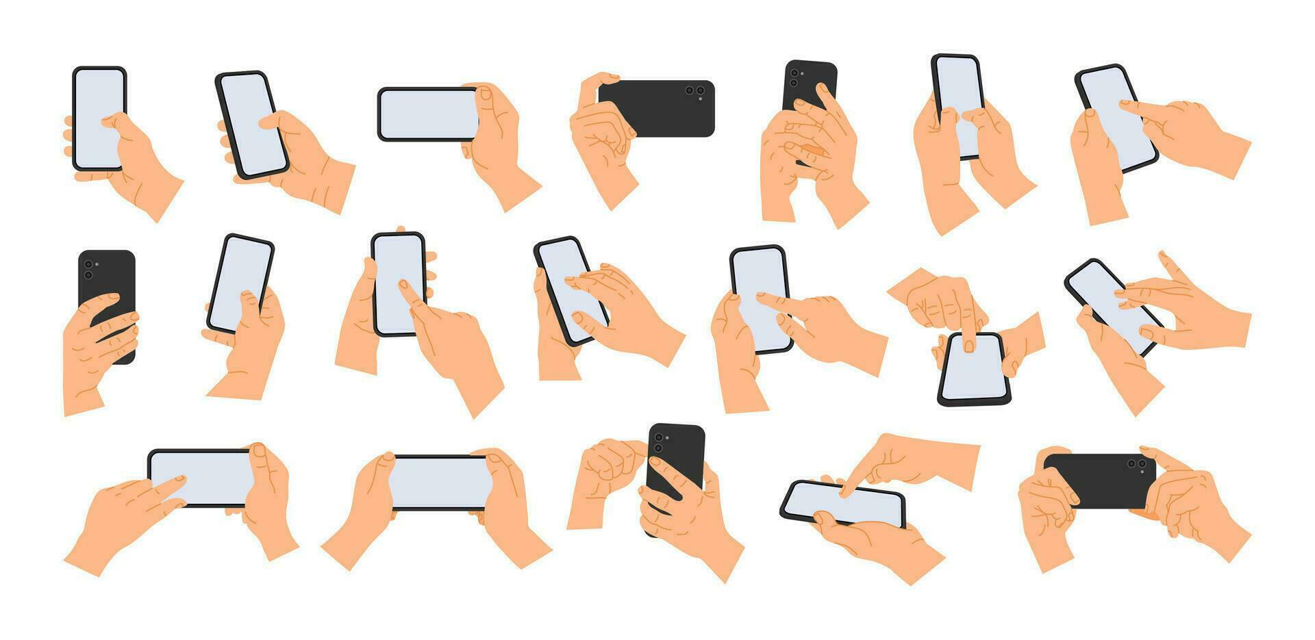 Hands hold phone. Cartoon hand holding cellphone, empty screen. Person using mobile phone, fingers touching screen. People use smartphone gadget, send message. Vector set