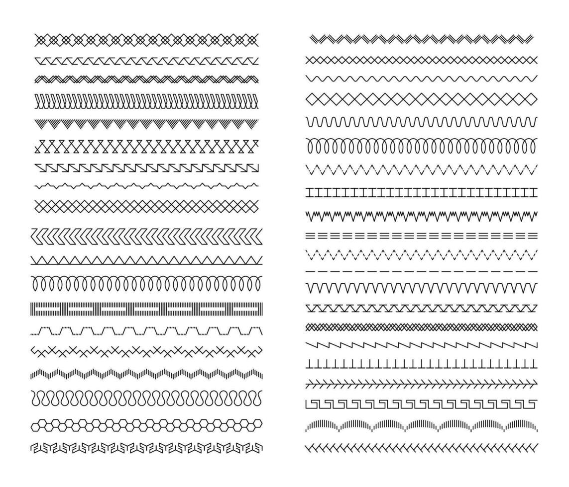 de coser puntadas sin costura modelo cepillos, bordado fronteras tela costura, hilo textil interminable divisores bordado máquina puntada aislado vector conjunto