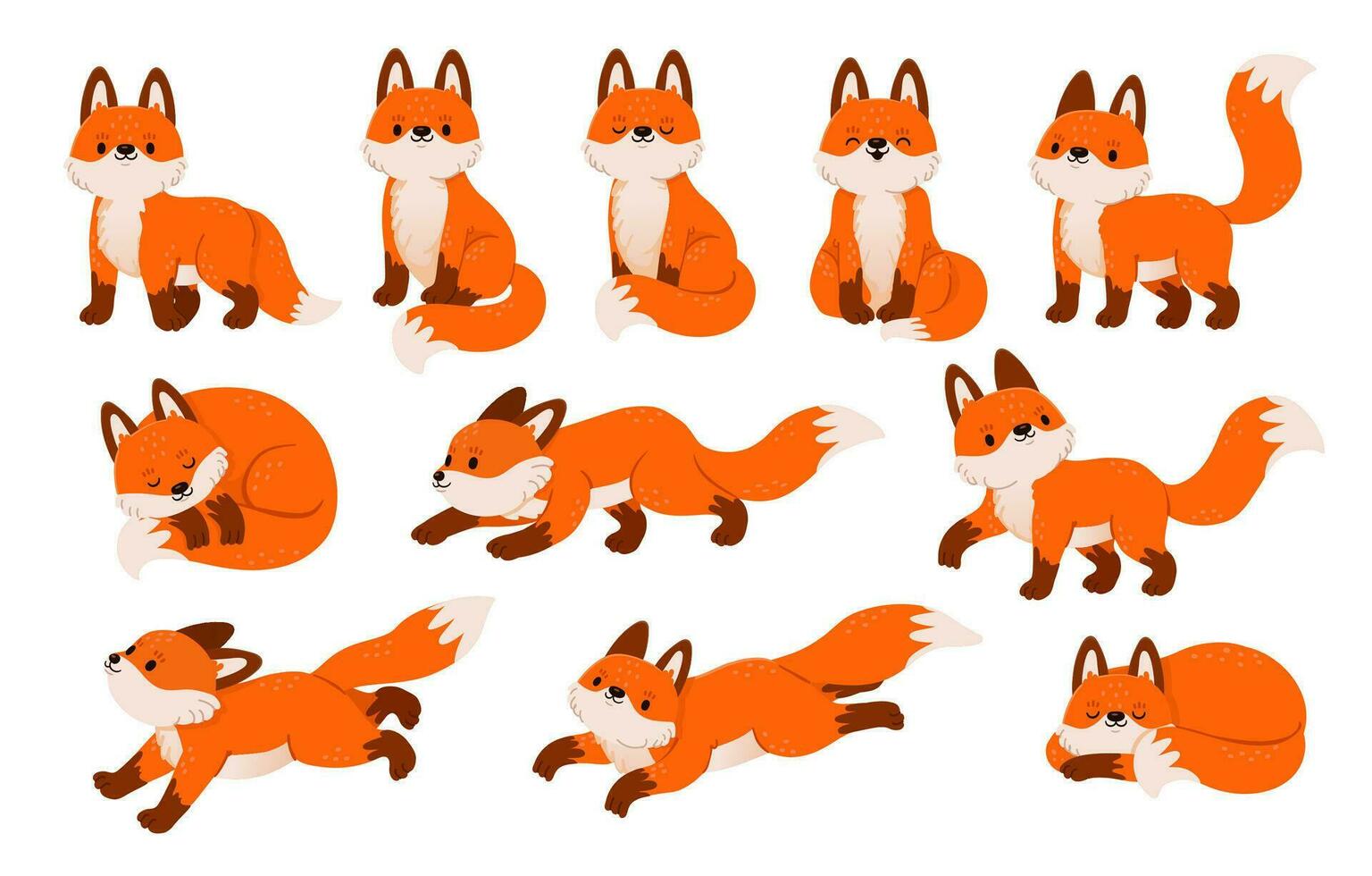 Red fox characters. Cartoon cute foxes in different poses, standing, sleeping, jumping, sitting. Forest wild animal isolated on white background. Vector set