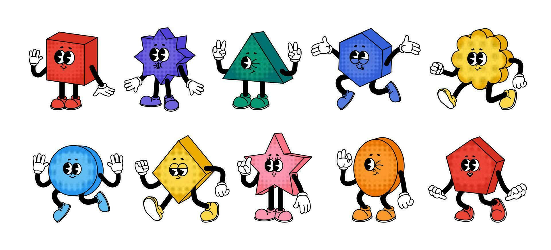 retro resumen caracteres. dibujos animados gracioso geométrico formas con manos y piernas. cómic geometría cifras caminando, saltando maravilloso estrella, cuadrado y triángulo. vector conjunto