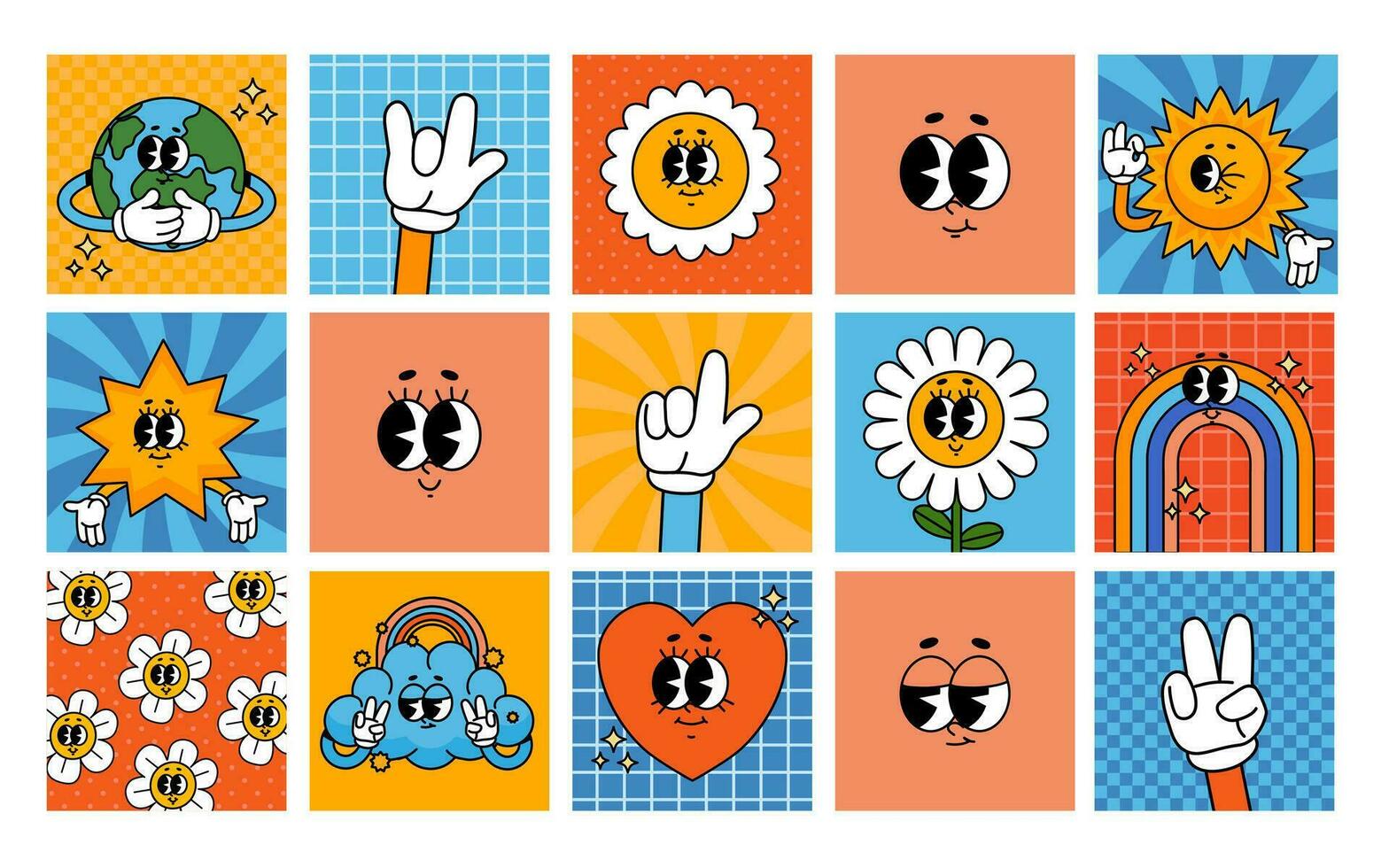 dibujos animados maravilloso tarjetas Clásico 70s cómic caracteres en carteles gracioso retro flor, margarita, corazón, arcoíris, manos y de moda elementos. psicodélico pegatina vector conjunto