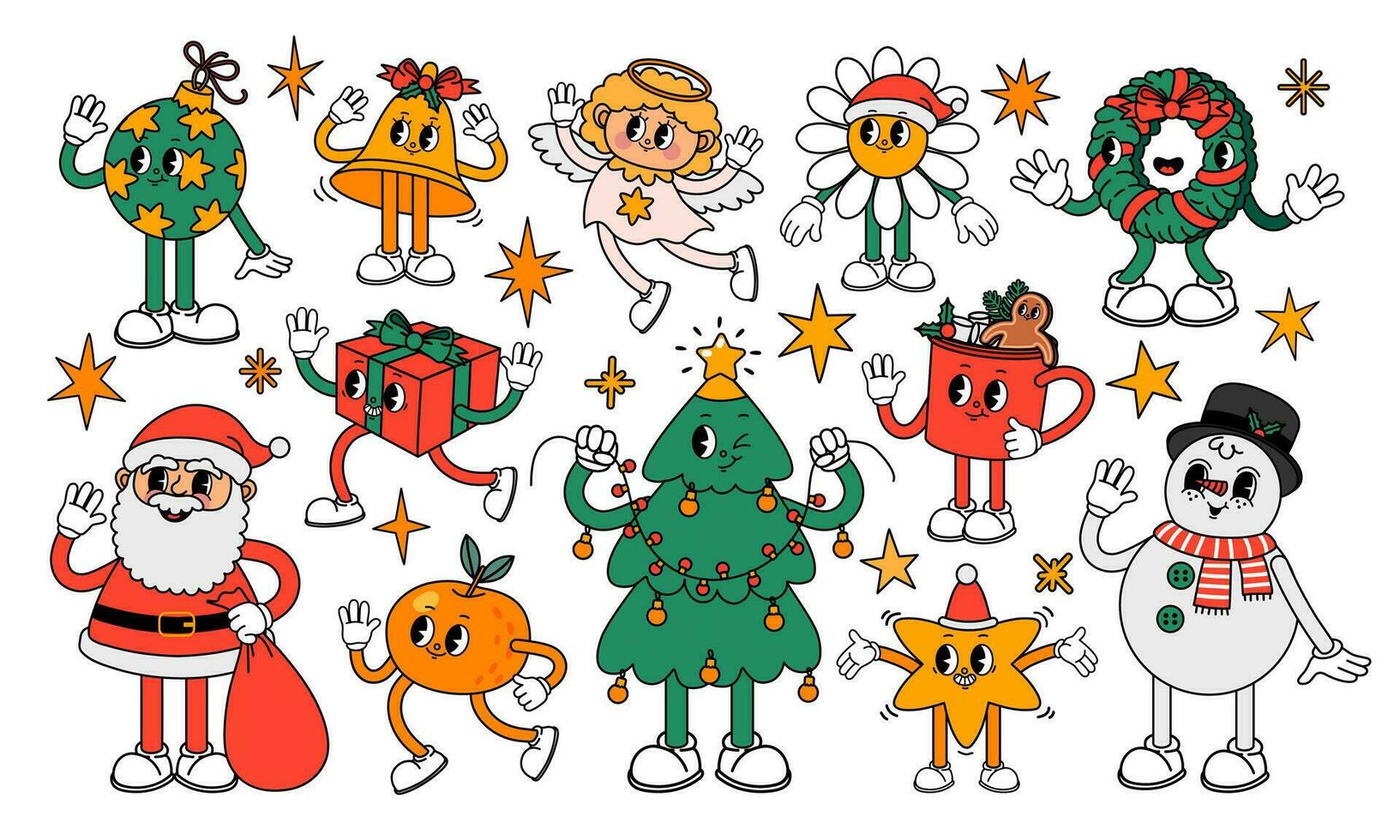 Christmas retro element. Cartoon groovy 30s cute characters. Holiday symbols, new year stickers. Vintage Santa Claus and funny snowman, xmas angel, mascot tree and gift. Vector set