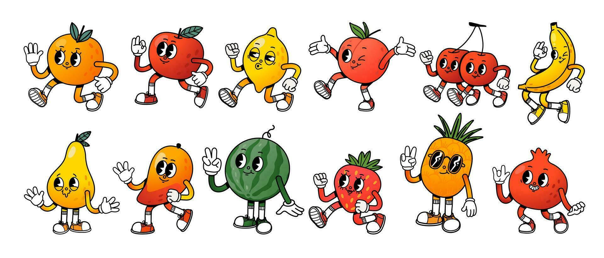 dibujos animados mascota fruta. retro frutas personaje con piernas y manos, linda cara expresión. caminando naranja, corriendo manzana, quedarse sandía, contento banana. vector conjunto