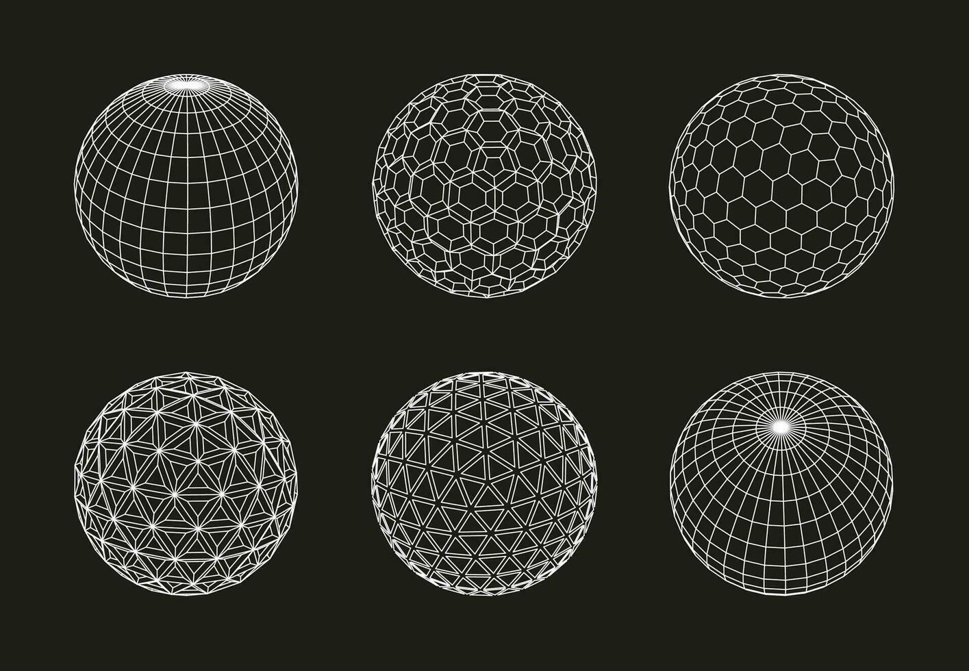 esfera red. 3d estructura metálica esferas, línea globo contorno malla. digital pelota con polígonos geométrico patrones tecnología resumen minimalista concepto. vector aislado conjunto